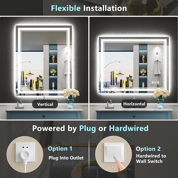 36x36 Inch LED Bathroom Mirror with Lights, Backlit & Front Lit, Anti-Fog Lighted Vanity Mirrors for Bathroom Wall, Dimmable, 3 Color Temperatures, Memory, Shatter-Proof, HD Tempered Glass