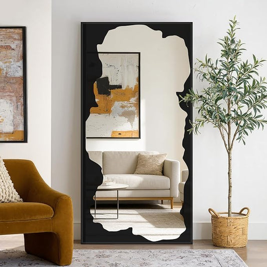 Full-Length Mirror Free Standing Leaning Mirror with Artistic Black Abstract Overlay Deco, 64"x32" Shatterproof Wall-Mounted Mirror, Perfect for Living Room, Bedroom, Cloakroom, and Bathroom Decor