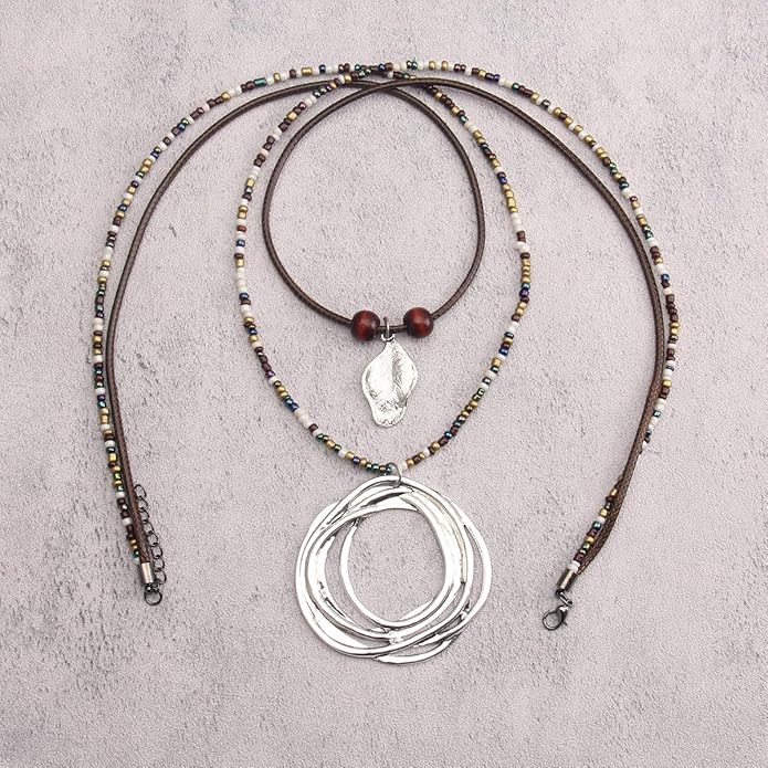 Leather Necklace for Women Boho Choker Necklace Long Cord Leather Pendant Bohemian Neckalce Vintage Alloy Pendant Leather Rope Necklace Wooden Necklaces for Women