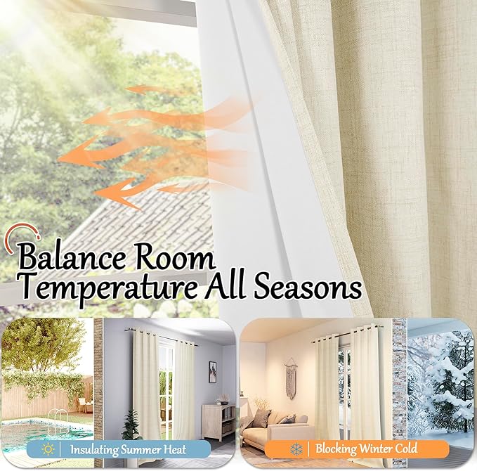 Lajode 60 Inch Wide Linen Blackout Curtains for Bedroom 63 Inch Length 2 Panels, Total Black Out Thermal Insulated Energy Efficiency Grommet Boho Window Drapes White Liner for Modern Farmhouse, Cream