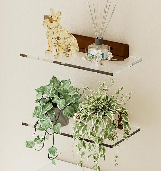 QsQueen Acrylic Floating Shelves with Solid Wood Base, Wall Mounted Shelf for Plants, Perfume, Nail Polish, Bathroom, Bedroom & Living Room Décor