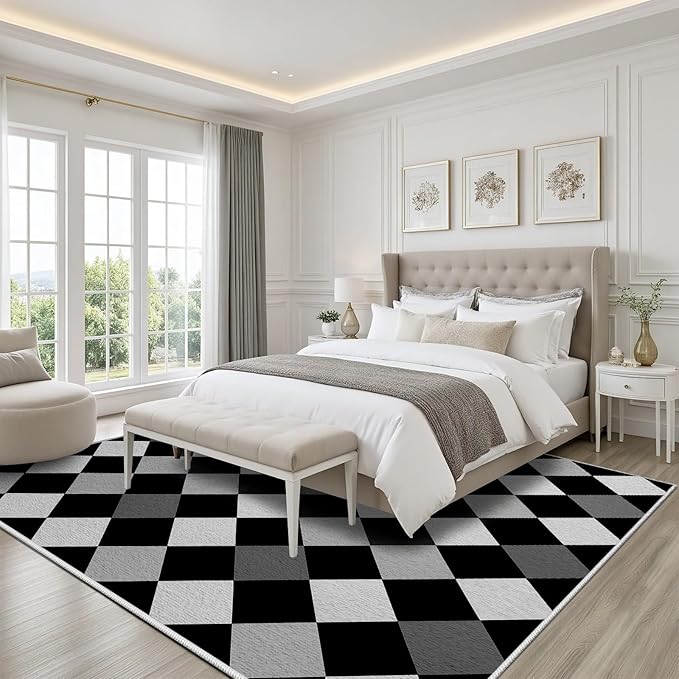 Black and White Rug 7x10, Rhombus Geometric Soft Ultra Soft Faux Wool Low Pile Rug, Indoor Floor Mats Carpet, Non-Slip Stain Resistant Washable Rugs, Modern Abstract Checkered Rugs for Living Room