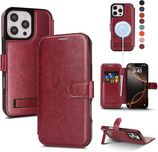 CIVICASE for iPhone 16 Pro Max Wallet Case with Stand,PU Leather Flip Credit Card Holder Slots (RFID Blocking),Compatible with Magsafe Magnetic Holder Phone Cover Women Men,Wine Red
