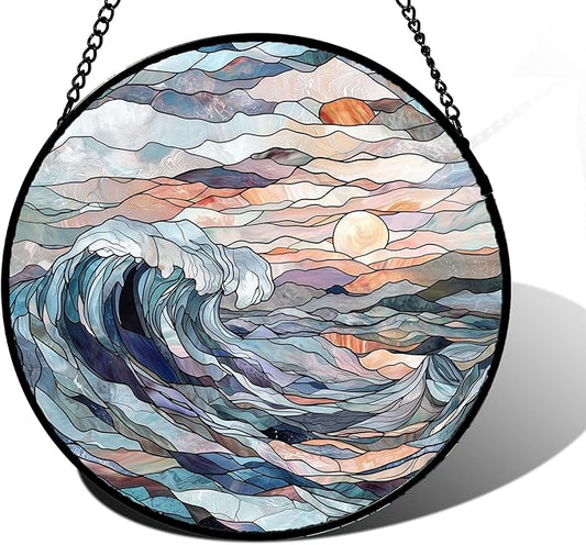 DASTOLL Stained Glass Window Hanging, Sunrise Waves Sun Catchers Diamond Glass Panel Hangings Abstract Suncatcher Decor for Birthday for Women, Men, Wife, Aunt, and Mom 7.8 in