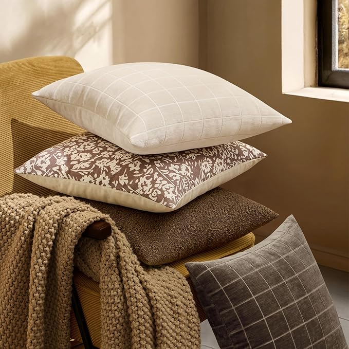 MIULEE Decorative Chenille Check Throw Pillow Covers Vintage Plaid Couch Pillows 22x22 Inch Set of 2 Neutral Boho Farmhouse Cushion Covers Modern Spring Home Decor for Sofa Bed Living Room Beige