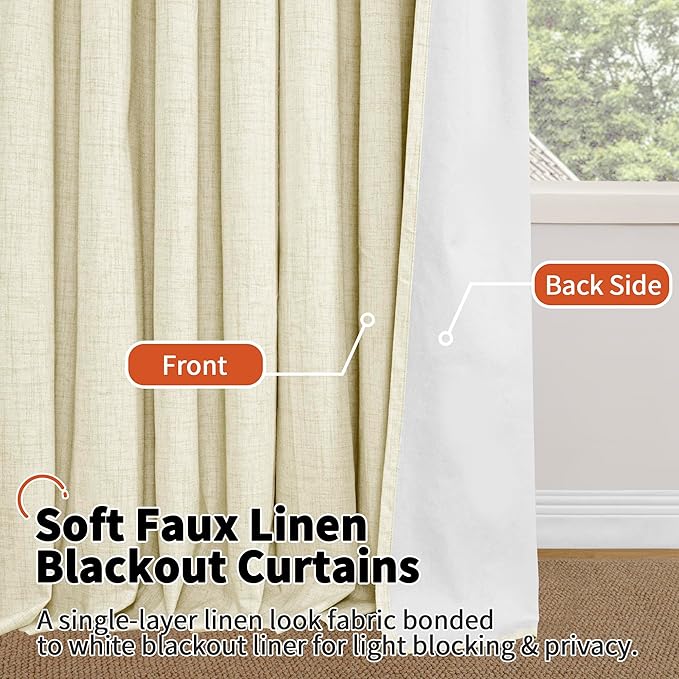 Lajode 60 Inch Wide Linen Blackout Curtains for Bedroom 63 Inch Length 2 Panels, Total Black Out Thermal Insulated Energy Efficiency Grommet Boho Window Drapes White Liner for Modern Farmhouse, Cream