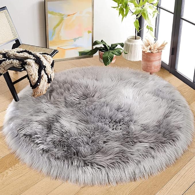 Silver Grey Furry Washable Faux Shaggy Fur Rugs for Living Room Small Circle Fluffy Sheepskin Fur Rug for Nursery Round Rug 5ft