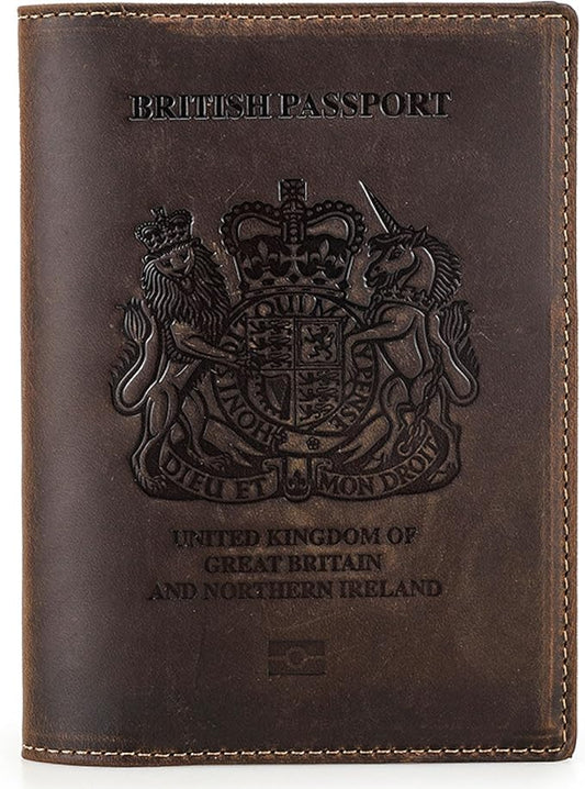 Top Grain Leather Single Travel Passport Wallet Embossing Badge for Unisex, Folio Design for Passport & Multi Cards, RFID Blocking for Passport/Cards/Checks/Bills/AirTag, Coffee Default, GB