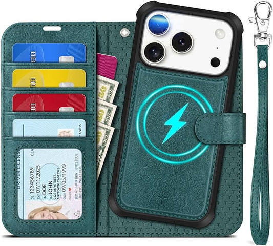 TUCCH Removable Case Wallet for iPhone 17 Pro (6.3") 2025, Detachable Wrist Strap, Wireless Charging, Stand, 4 Card Slots RFID Blocking, 2-in-1 Magnetic, PU Leather Shockproof Cover, Teal Blue