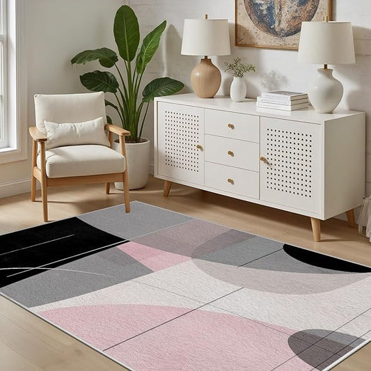 Abstract Art Line Living Room Area Rugs 8x10, Modern Boho Geometric Print Rug, Minimalist Washable Non Slip Neutral Soft Carpet for Bedroom, Dining Room Office Playroom, Black Gray