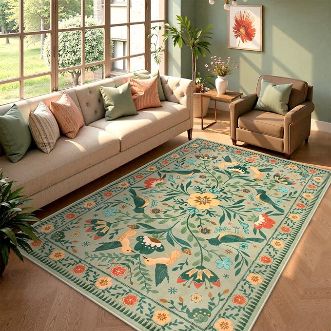 Moynesa Living Room Rug 5x7, Washable Modern Farmhouse Green Area Rugs for Bedroom Dining Room, Country Floral Bird Print Pattern Carpet, Aesthetic Home Decorations Open Floor Areas Protection