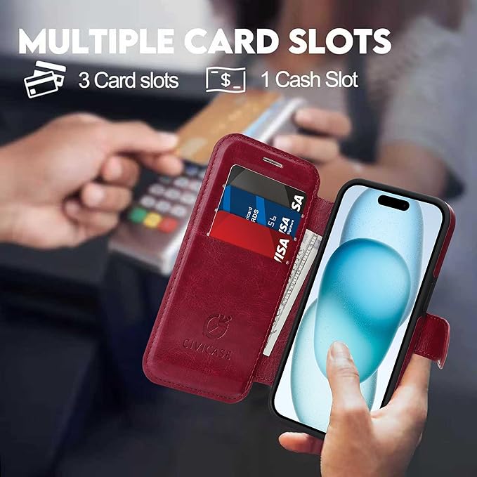 CIVICASE for iPhone 15 Wallet Case with Stand,PU Leather Flip Credit Card Holder Slots (RFID Blocking),Compatible with Magsafe Magnetic Holder Phone Cover Women Men, Wine Red