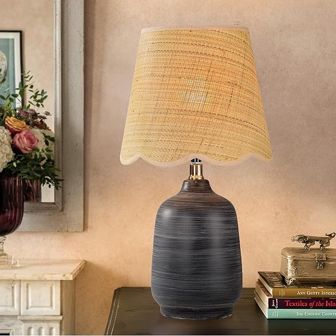 Pia Ricco 19" Modern Ceramic Table Lamp for Living Room Cream Base Desk Lamps for Bedroom Farmhouse Bedside Nightstand Lamp End Table Lamps,White Striped Black Base,Rattan Shade
