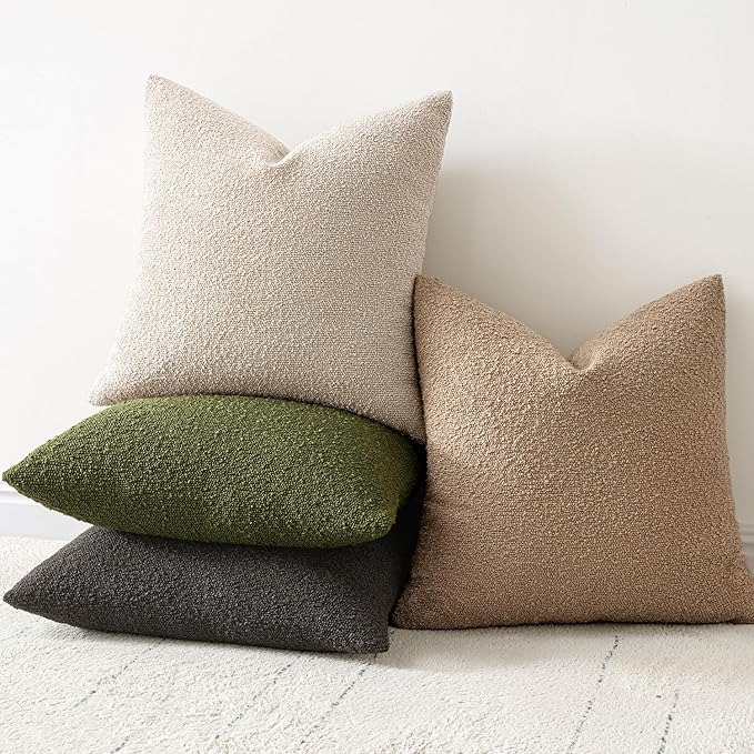 Woaboy Pack of 2 18x18 Inch Decorative Boucle Throw Pillow Covers Textured Square Pillowcaes Accent Solid Cozy Soft Cushion Covers Home Decor for Sofa Couch Living Room Home Decor,Neutral