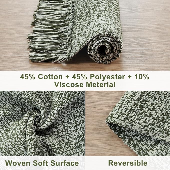 Collive Small Bathroom Rug, 2' x 3' Hand-Woven Low Profile Front Entryway Rug, Olive Green/Cream Cotton Reversible Washable Kitchen Mat Modern Farmhouse Carpet for Foyer Bedroom Back Door Decor