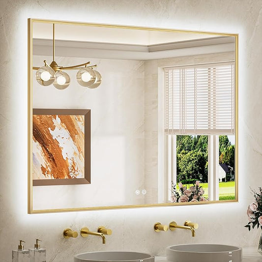 TETOTE 48 x 36 Backlit Bathroom Mirror Brushed Gold Metal Frame LED Light Vanity 3-Color White/Warm/Natural Stepless Dimmable Anti-Fog Backlight Mirror Wall-Mounted