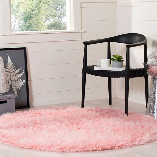 SAFAVIEH Faux Sheep Skin Collection 5' Round Pink FSS235G Silken Glam 2.35-inch Thick Area Rug