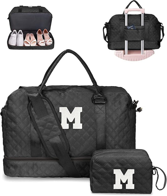 Vogewood Teens' Birthday Gifts - Initial Duffle Bag with Separated Shoe Compartment, Weekender, Overnight & Travel Bag - Letter M