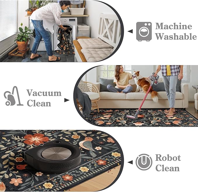 Moynesa 3x5 Entryway Rug Indoor, Modern Transitional Washable Non-Slip Low Pile Black Area Rug for Bedroom Kitchen Entry,Lightweight Foldable Farmhouse Floral Bird Carpet Folk Art Home Decor