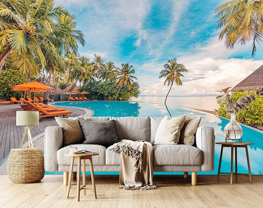 Outdoor Travel Landscape Mural with Swimming Pool Beach Resort Wallpaper, Coconut Trees and Blue Sky View Wall Mural（Non-self-Adhesive）