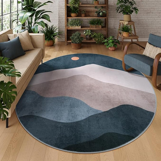Abstract Round Rugs for Living Room, Circlr Area Rug for Bedroom 8ft Non Slip Washable Dining Room Rug, Mountain Soft Circular Carpet for Nursery Classroom Playroom(Blue)