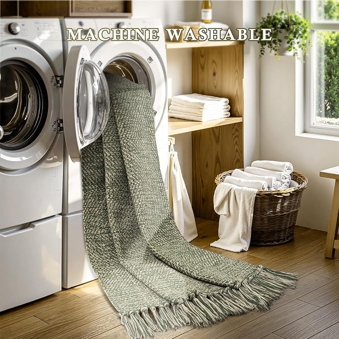 Collive Washable Runner Rugs for Hallways, 2' x 5' Natural/Green Entryway Runner Rug Soft Hand-Woven Contemporary Modern Laundry Room Indoor Carpet for Bathroom Bedroom Kitchen Front Door