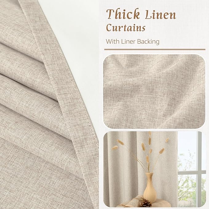 LAMIT 100% Blackout Natural Linen Curtains, 72 Inches Linen Textured Thermal Bedroom Curtains Back Tab and Rod Pocket Neutral Panels with White Liner for Farmhouse, 2 Panels, 52 x 72 Inch, Oatmeal