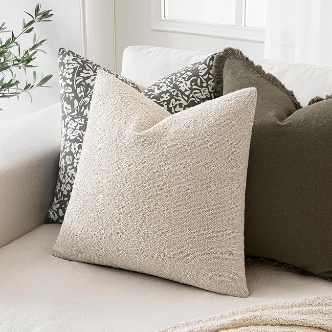 MIULEE 26x26 Christmas Decorative Euro Sham Throw Pillows for Bed Set of 2 Textured Boucle Neutral Winter Throw Pillow Covers Natural Beige Accent Solid Couch Pillowcase Sofa Livingroom Home Decor