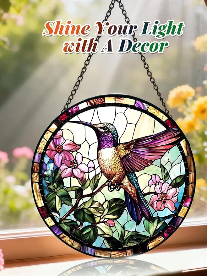 Stained Glass Window Hanging, Hummingbird Suncatcher for Door Home Decor, Birds Flowers Sun Catcher Ornament Mother's Day Birthday Gifts for Bird Lovers Women Men Mom 7.8 in