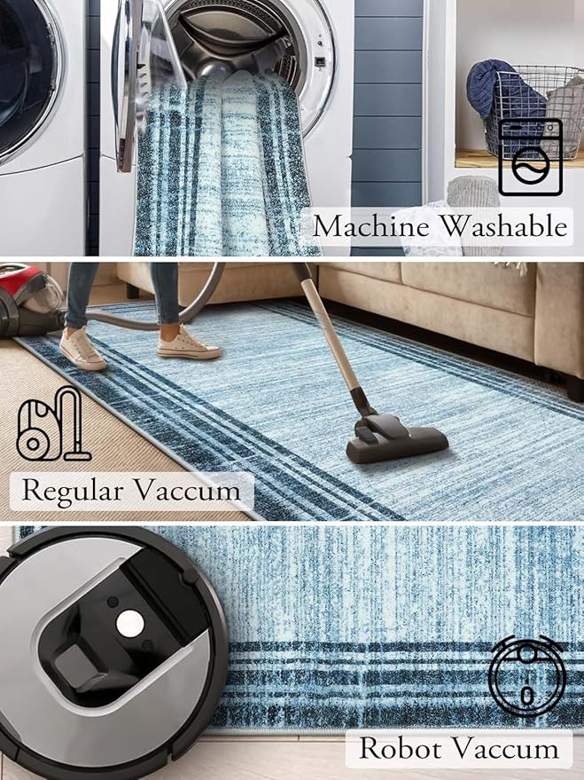 Lahome Modern Abstract 3x5 Rug,Washable Blue Throw Rugs for Entryway Indoor Non-Slip,Low-Pile Soft Area Rug Minimalist Bordered Carpet for Kitchen Bathroom Bedroom