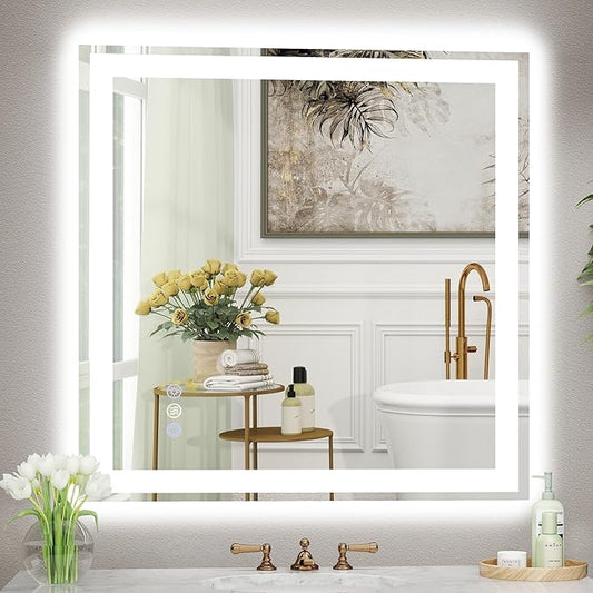 36"x 36" LED Bathroom Mirror, 3 Colors Vanity Mirror with Lights, Front and Backlit Bathroom Mirror with Lights, LED Smart Mirror for Wall, Tempered Glass, Anti-Fog, Stepless Dimmable, Memory(ETL)