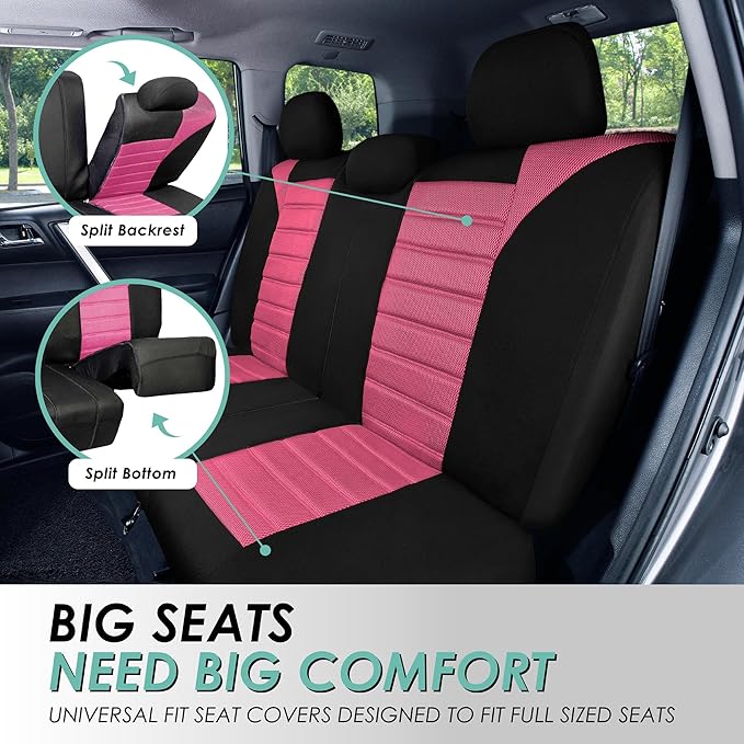 FH Group Automotive Car Seat Covers Full Set Premium 3D Air Mesh Front Seat Covers, Airbag Compatible & Split Bench Cover Universal Fit Interior Accessories for Cars Trucks and SUVs - Pink