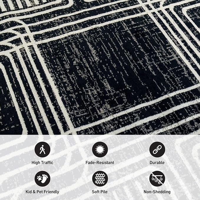 Rugshop Black and White Geometric Area Rug – Abstract Curved Line and Square Pattern Carpet for Living Room, Bedroom, or Office – Contemporary Soft Floor Décor 2' 3" x 12' Runner Black