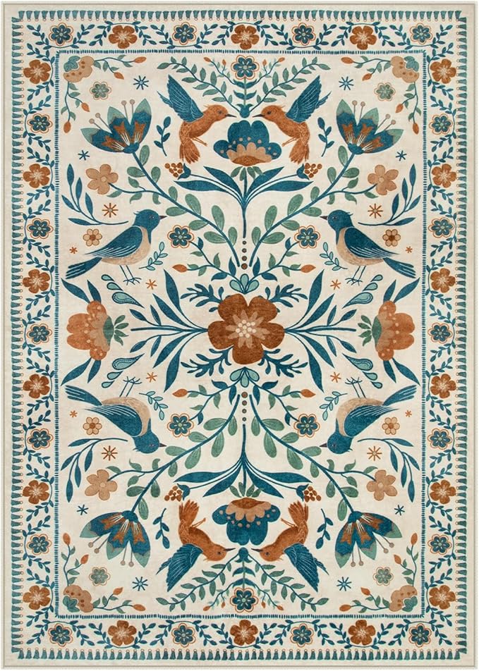 Moynesa 3x5 Entryway Rug Indoor, Modern Bohemian Washable Non-Slip Low Pile Area Rug for Kitchen Bedroom Entry,Lightweight Foldable Farmhouse Floral Bird Print Pattern Carpet Retro Home Decor