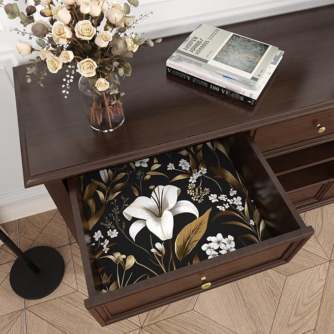 Black White Floral Wallpaper Peel and Stick, Dark Gold Vintage Contact Paper 17.5" x 393", Golden Botanical Wall Paper Self Adhesive Removable Waterproof for Bedroom Cabinet Drawer Table Decor