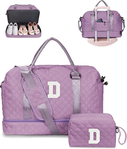 Vogewood Unique Gifts for Her-Overnight Bags for Women, Personalized Weekender Bag, Monogram Travel Bag for Women with Trolley Sleeve & Wet Pocket, Letter Travel Bag with Makeup Bag (Letter D)