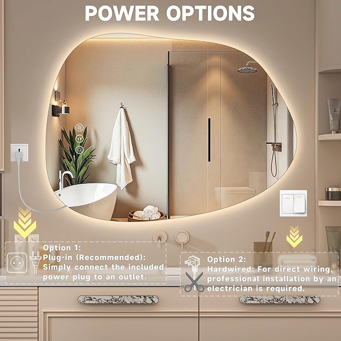 Hasipu Irregular Wall Mirror with Lights- 31"x24" Large Vanity Mirror with Anti-Fog, 3 Color Modes,Dimmable Light, Memory Function, Backlit Wall Mount, Horizontal/Vertical