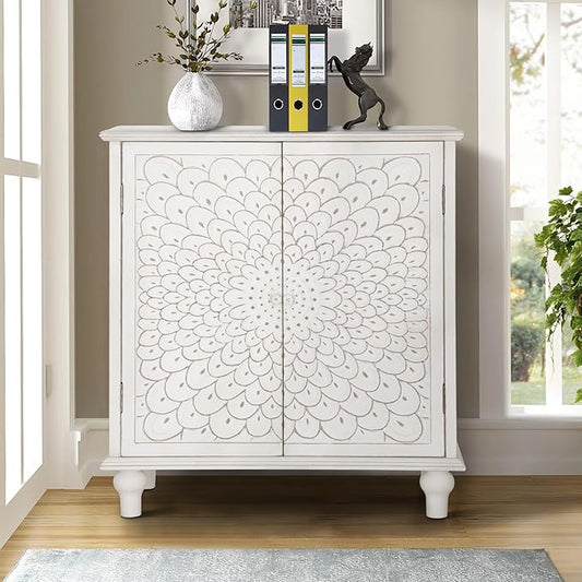 MAISON ARTS White Accent Cabinet with 2 Doors, Farmhouse Distressed Storage Cabinet w/Solid Wood Legs for Living Room Entryway, Kitchen Sideboard Buffet Cabinet, Feather Pattern