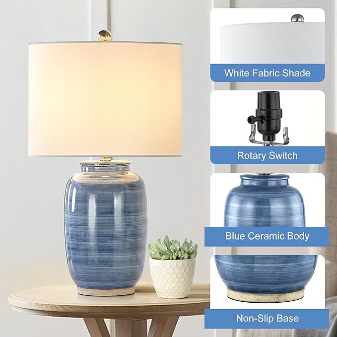 Maxax 25" Blue Table Lamp for Living Room, Modern Ceramic Lamp with White Shade, Coastal Blue Bedside Nightstand Lamp for Bedroom Home Office