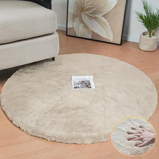 Camel Washable Shag Area Rugs for Living Room Small Plush Faux Bunny Shaggy Fur Round Rugs 4ft Cute Room Nursery Rug