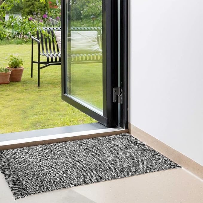 Collive Kitchen Runner Rug, 2' x 4.3' Hand-Woven Reversible Washable Rugs, Grey Cotton Modern Farmhouse Bathroom Mat Hallway Carpet for Foyer Bedroom Entry Back Door Decor