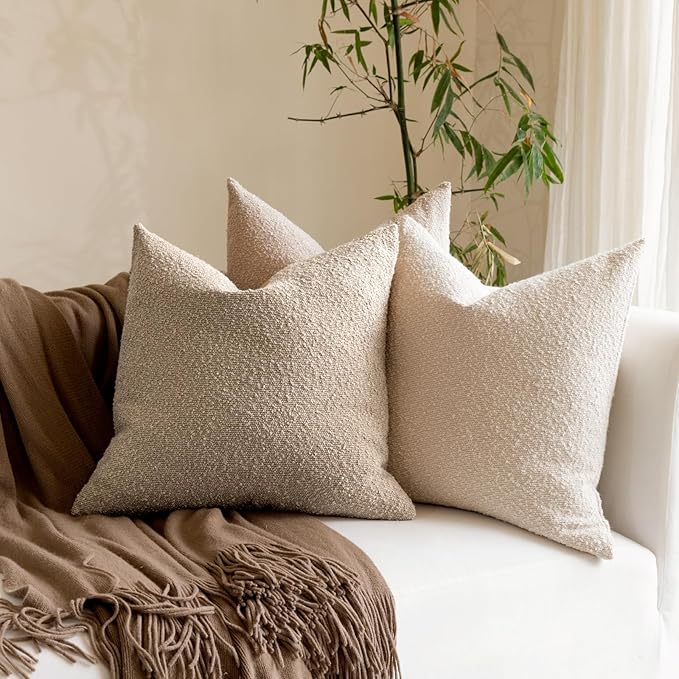 Boucle Decorative Throw Pillow Covers for Couch Set of 2, 22x22 inches, Oatmeal