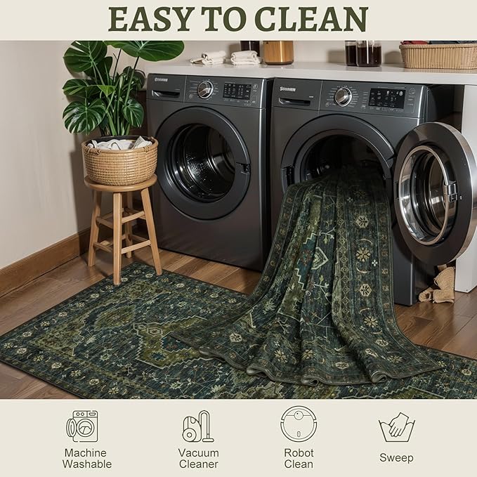 Tangsoo 2x5 Washable Runner Rug for Hallways, Non Slip Vintage Runner Rug, Soft Low Pile Long Rug Runner, Print Distressed Carpet Runners for Kitchen Bedroom Entryway Bathroom Living Room Olive Green