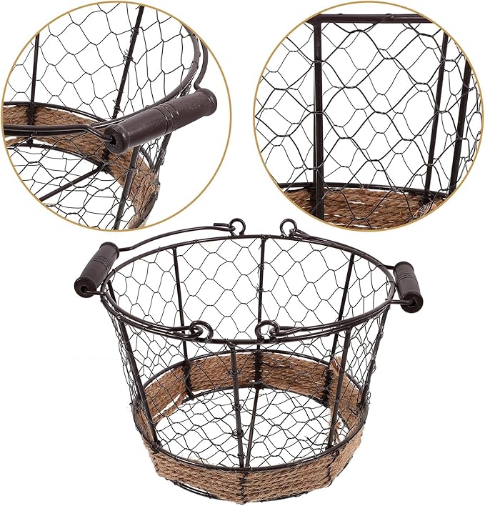 Mobestech Iron Wire Woven Small Storage Basket with Handle, Metal Sundry Organizer for Kitchen Countertop and Desktop, Vintage round Iron Fruit and Bread Holder for Home Storage
