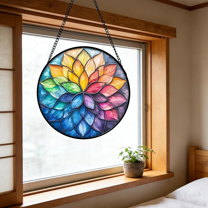 DASTOLL Stained Glass Window Hanging, Colorful Flower Petals Sun Catchers Diamond Glass Panel Hangings Suncatcher Decor for Birthday for Women, Men, Wife, Aunt, and Mom 6.3 in