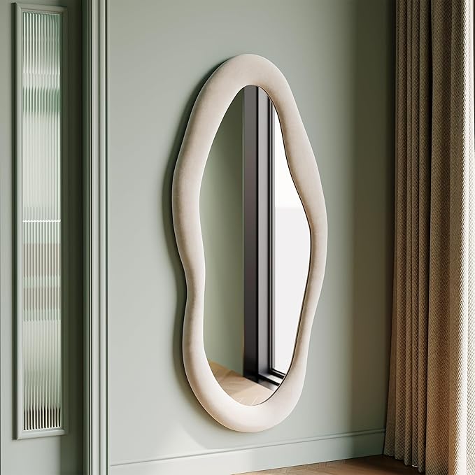 Honyee 55" x 24" Wall Mirror, Flannel Wrapped Wooden Frame Wavy Mirror, Irregular Mirror Hanging for Cloakroom/Bedroom/Living Room, Ivory White