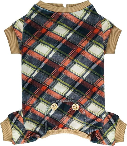 KYEESE Dog Pajamas Soft Coat Velvet Doggie Jammies Lightweight Pjs Comfy Pet Clothes Plaid Dog Pajamas for Small Dogs Boy Girl Stretchy Onesie, Khaki, Small