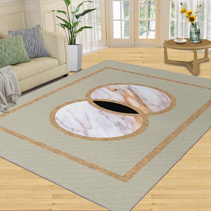 Abstract Marble Area Rugs Gilded Circle Rectangle Geometry Area Carpet Mid-Century Simple Rug Luxury Decor Rug for Living Room Door Mats Porch 5x7ft
