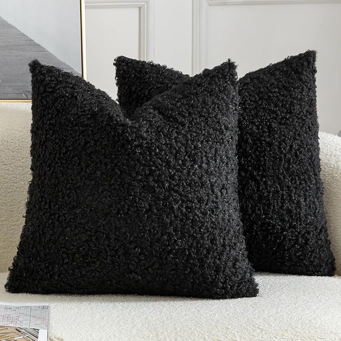 Yaertun Pack of 2 Faux Fur Throw Pillow Covers Decorative Sherpa Boucle Pillow Covers Fuzzy Soft Pillowcases Sheepskin Fleece Cushion Case for Couch Sofa Bed Living Room 24x24 Inch Black
