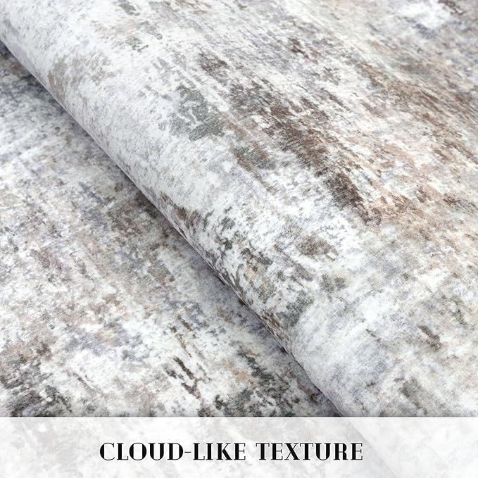 Modern Abstract 6x9 Living Room Washable Rug Non-Slip Soft Bedroom Area Rug Beige Grey Neutral Thin Print Faux Wool Floor Carpet Throw Rugs for Nursery Playroom Dining Room Indoor Office